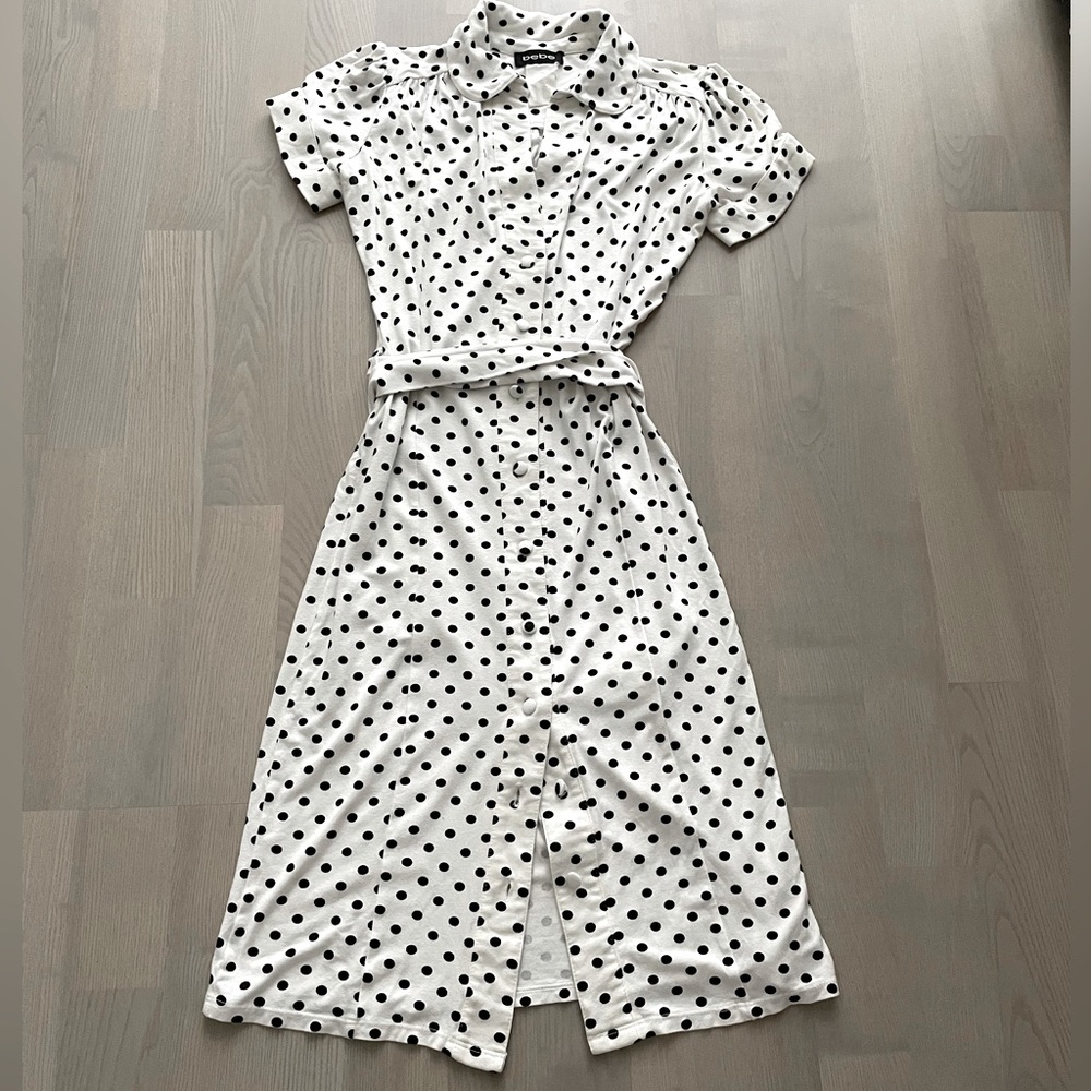 BEBE Black and White Polka Dot Button Up Midi Dress with Waist Tie
